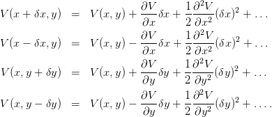                             ∂V       1∂2V      2
V (x + δx,y ) =   V (x,y) + ---δx +  ----2 (δx ) + ...
                            ∂x       2 ∂x2
V (x − δx,y ) =   V (x,y) − ∂V-δx +  1∂-V--(δx )2 + ...
                            ∂x       2 ∂x2
                            ∂V       1∂2V     2
V (x,y + δy ) =   V (x,y) + ∂y-δy +  2∂y2-(δy ) + ...
                                       2
V (x,y − δy ) =   V (x,y) − ∂V-δy +  1∂-V-(δy )2 + ....
                            ∂y       2∂y2
