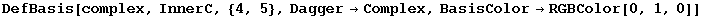 DefBasis[complex, InnerC, {4, 5}, Dagger&rarr;Complex, BasisColor&rarr;RGBColor[0, 1, 0]]