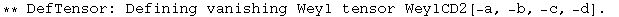 ** DefTensor: Defining vanishing Weyl tensor WeylCD2[-a, -b, -c, -d] . 