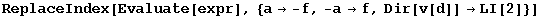 ReplaceIndex[Evaluate[expr], {a&rarr; -f, -a&rarr;f, Dir[v[d]] &rarr;LI[2]}]