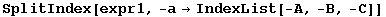 SplitIndex[expr1, -a&rarr;IndexList[-A, -B, -C]]