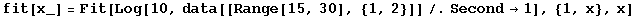 fit[x_] = Fit[Log[10, data[[Range[15, 30], {1, 2}]]/.Second&rarr;1], {1, x}, x]
